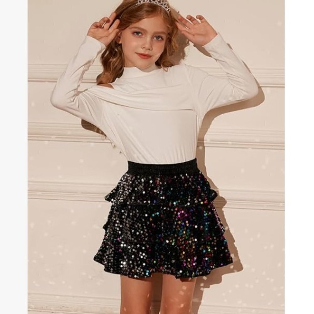 GRACE KARIN Girls Sequin Skirt Girls Fashion Party Three Layer Ruffle Skirt - Picture 2 of 8